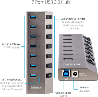 StarTech.com 7-Port USB 3.0 Hub Mit Netzteil Und Individuellen EIN/Aus Schaltern, USB-C/A 3.1 Auf 7X