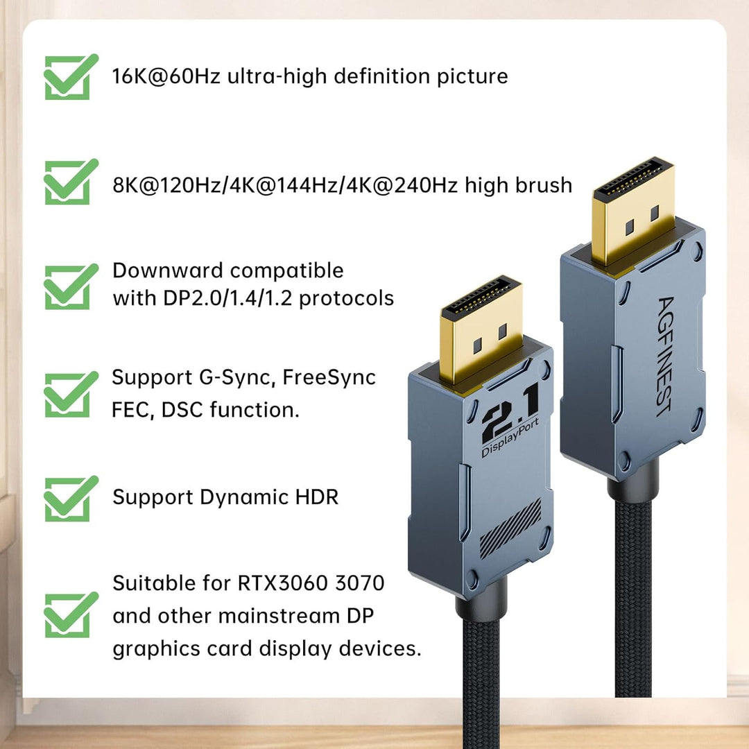 AGFINEST 8k DisplayPort 2.1 Kabel 80Gbps, Ultra-high Bit Rate DP Kabel UHBR20 HDR10+ DSC1.2a 16k 60H