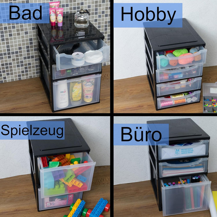 Hummelladen Schubladenbox DIN A4 mit 1 hohen Schublade 34,5x26x20 cm - schwarz-transparent Kunststof