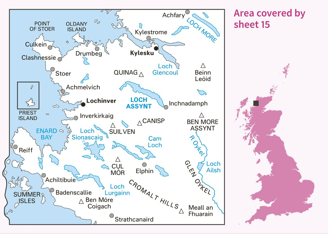 Loch Assynt, Lochinver & Kylesku (OS Landranger Active Map, Band 15), Karte