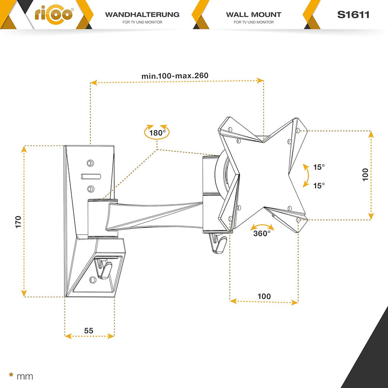 RICOO PC Monitor Wandhalterung Schwenkbar Neigbar für 15-30 Zoll, Halterung Wand S1611, Monitorhalte