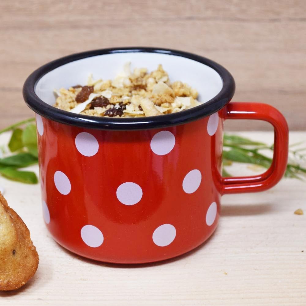 Madacha 4 Becher aus emailliertem Metall, Rot mit Punkten, 500 ml