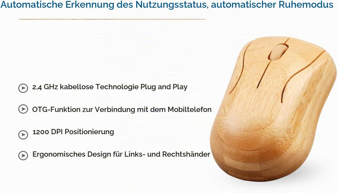 Kabellose Maus-Tastatur aus Bambus, Computer-Steuergeräte aus Holz mit 2,4-GHz-Wireless-Verbindung,