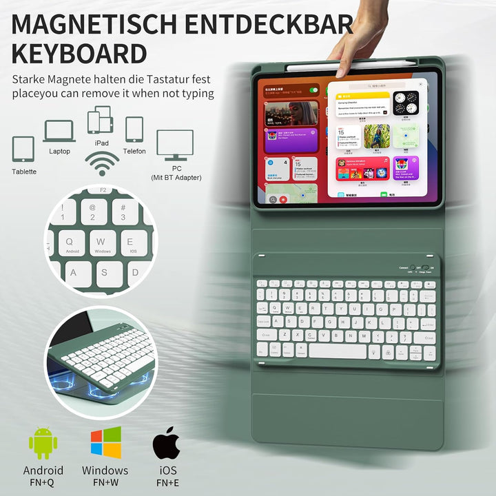 Hülle mit Tastatur für iPad A16 11/10 Generation (2025/2022, 11/10.9 Zoll) mit Stifthalter, Magnetis