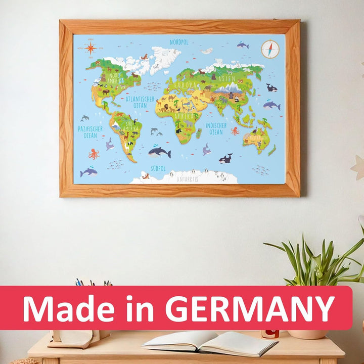 nikima - Kinder Weltkarte 3D in 3 Grössen A3/ A2/ A1 Poster Plakat Tiere Erde Wandbild Kinderzimmer