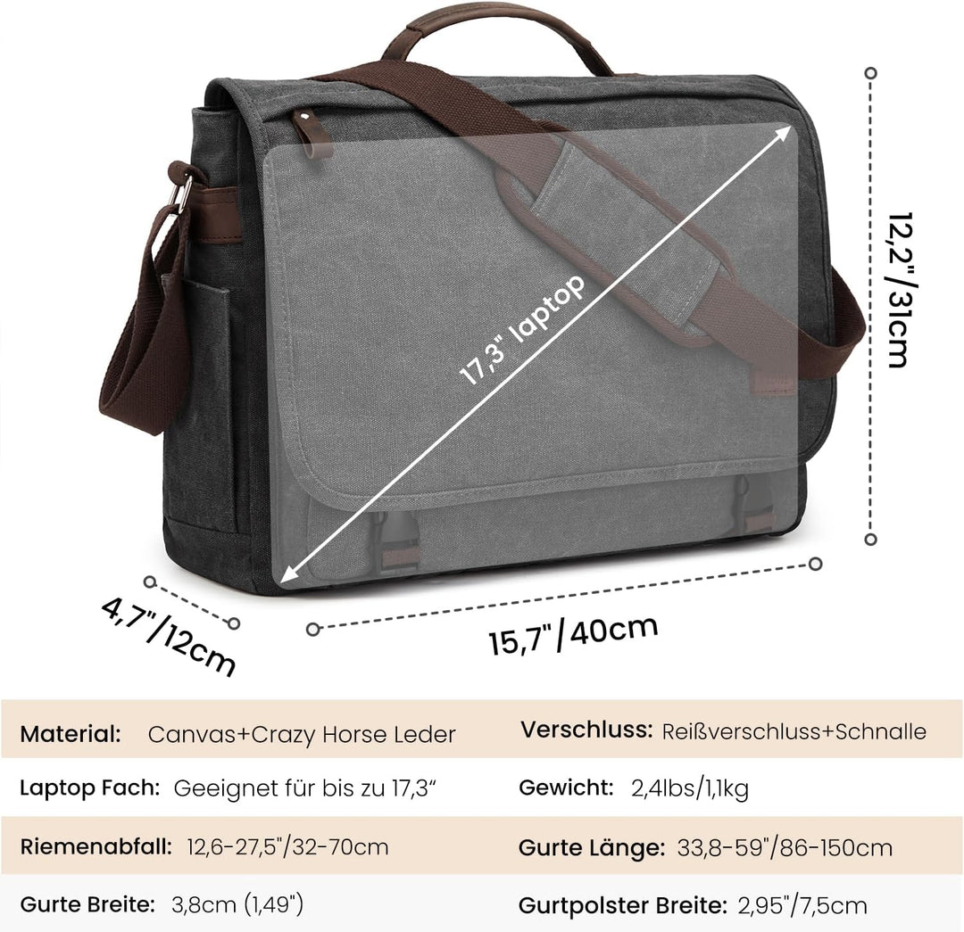 S-ZONE Herren Umhängetasche 17,3 Inch Übergrösse Messenger Bag Canvas Laptoptasche Aktentasche Schul