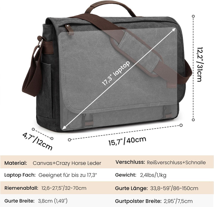 S-ZONE Herren Umhängetasche 17,3 Inch Übergrösse Messenger Bag Canvas Laptoptasche Aktentasche Schul
