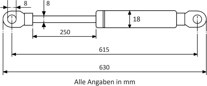 Secuplan Gasdruckfeder 615 mm, 250 mm Hub, 250 N, Ø 8/6 mm, abnehmb. Augen Gasdruckdämpfer, Gasfeder