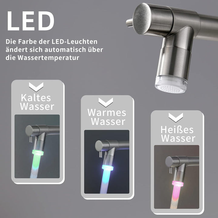 TIMACO LED Küchenarmatur mit Spiralfeder, 360° Schwenkbare Spültischarmaturen mit Zwei Auslauf, Wass