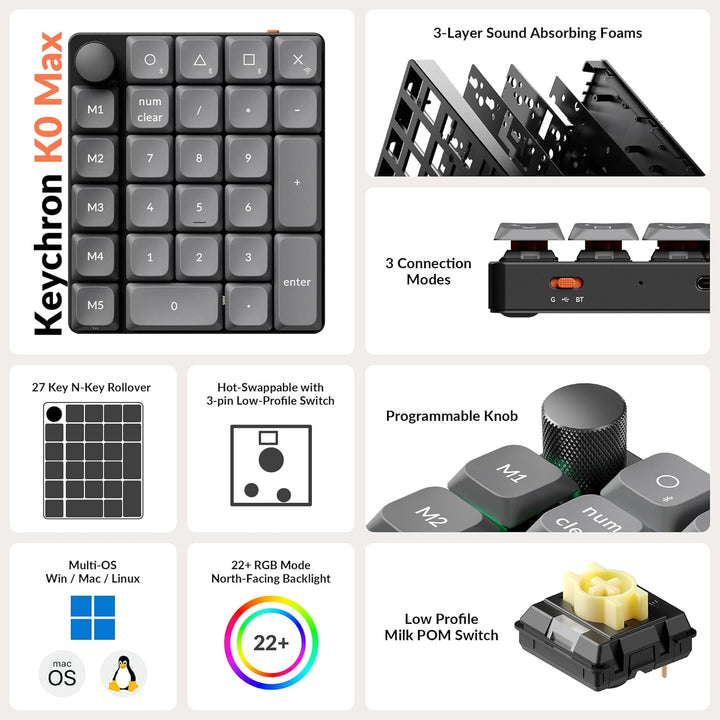 Keychron K0 Max Kabelloser Numpad, Low-Profile, programmierbar mit QMK/Launcher, 2,4 GHz & Bluetooth