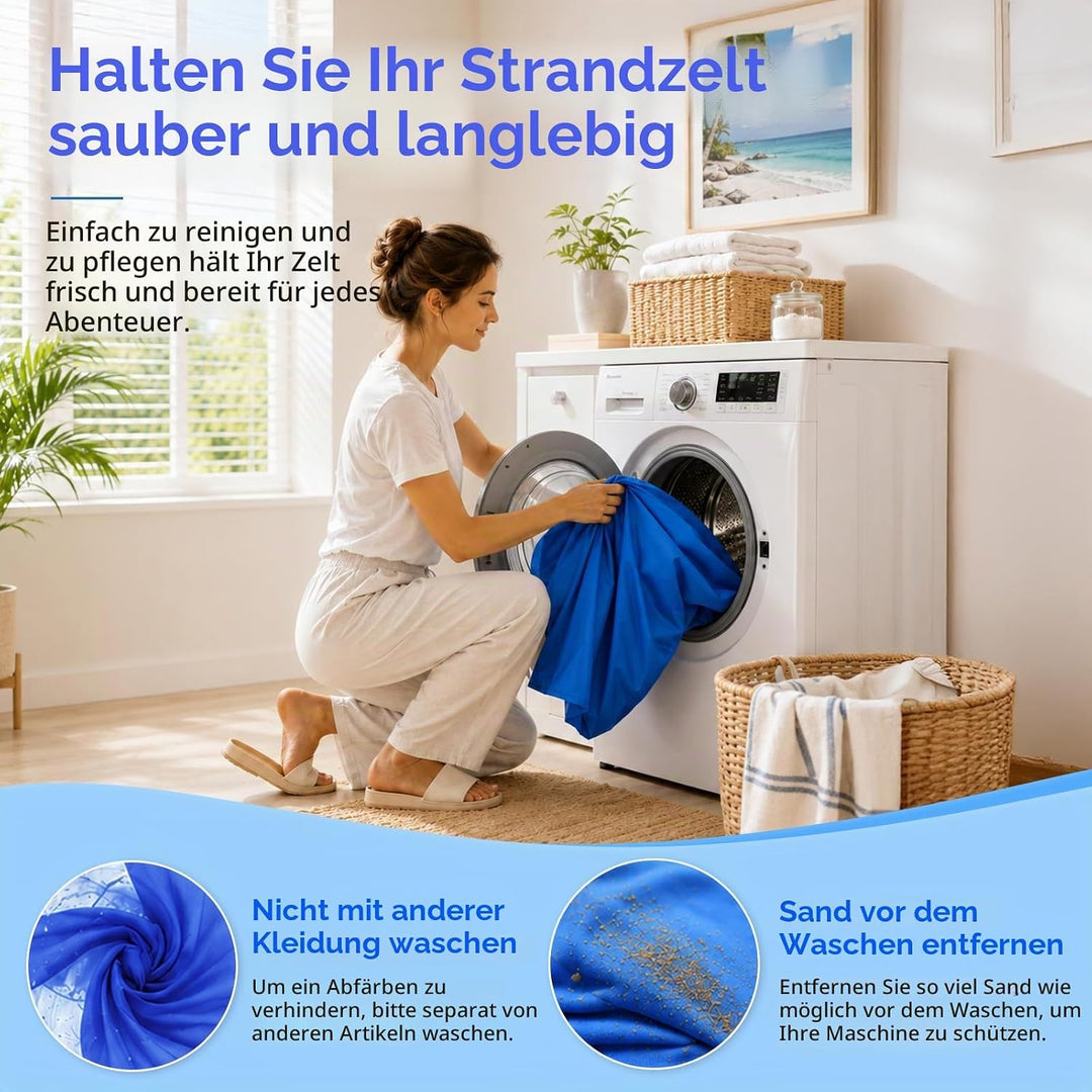 Strandzelt mit Strandmatte, LSF 50+ Hochschutz, 2x2x2m, inkl. Sandanker, Alu-Stangen &amp; Tragetasche,