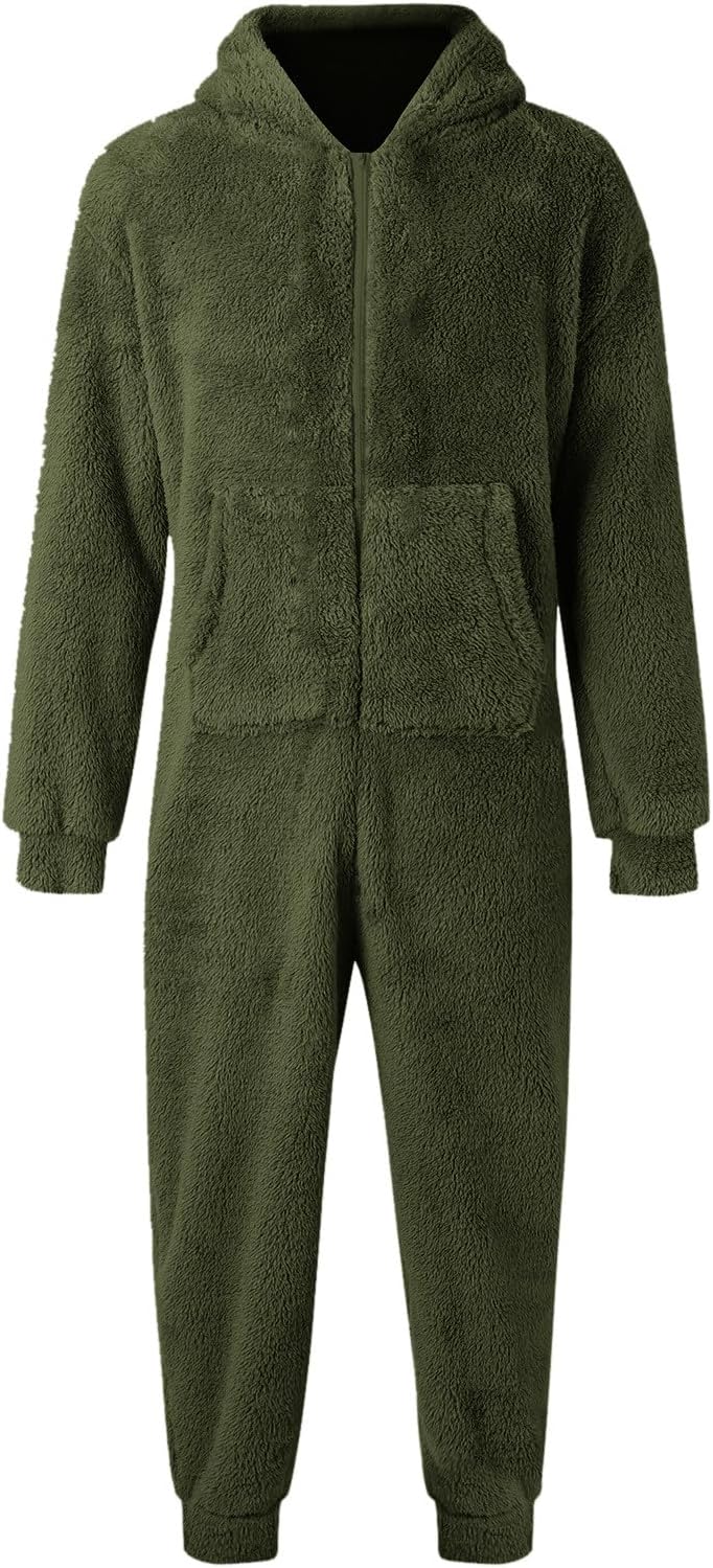 Jumpsuit Herren Teddy Fleece Schlafanzug Einteiler Onesie Winter Fluffy Pyjama Kuschelig Overall mit