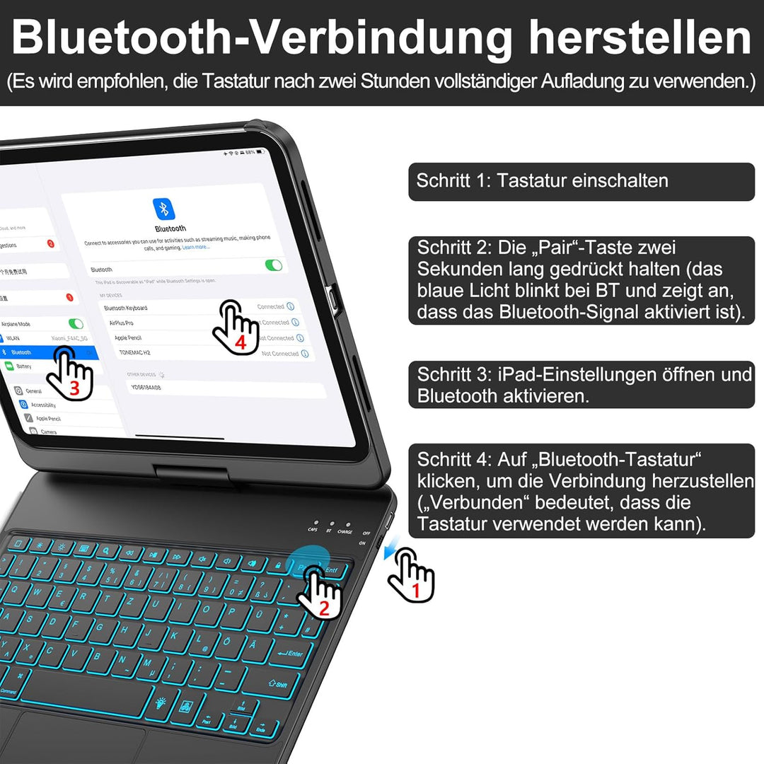 KBCASE Bluetooth Tastatur Schutzhülle für iPad 10 (2022/11. Generation) A16 2025 (10,9/11 Zoll) Mit
