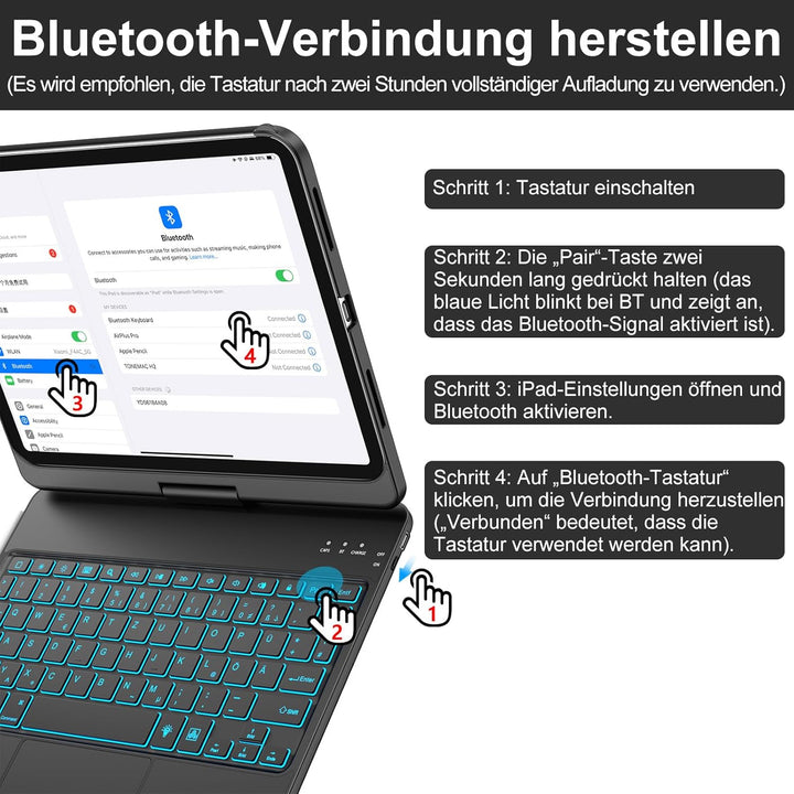 KBCASE Bluetooth Tastatur Schutzhülle für iPad 10 (2022/11. Generation) A16 2025 (10,9/11 Zoll) Mit