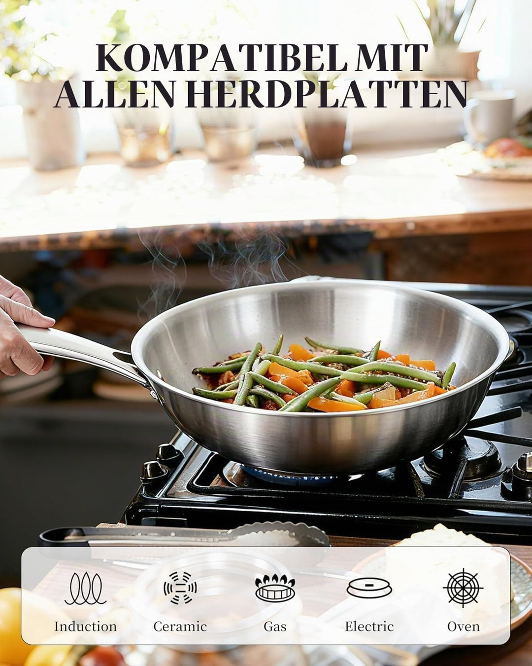 Inqibee Wokpfanne Edelstahl 30 cm mit Deckel, Unbeschichtete Wok Pfanne für Induktion &amp; Gasherd, Ede
