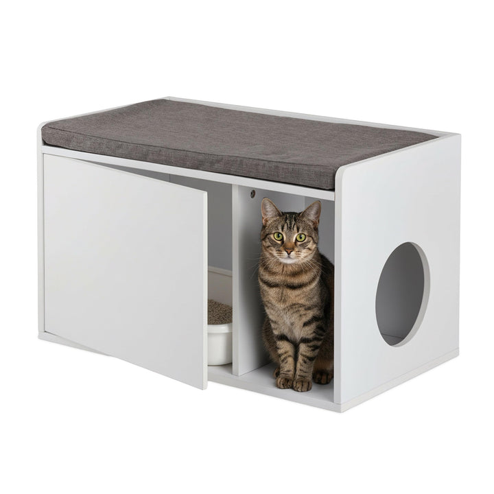 Relaxdays Katzenschrank mit Sitzauflage, 2in1 Katzenkommode & Sitzbank, HBT: 45,5 x 75 x 43 cm, für