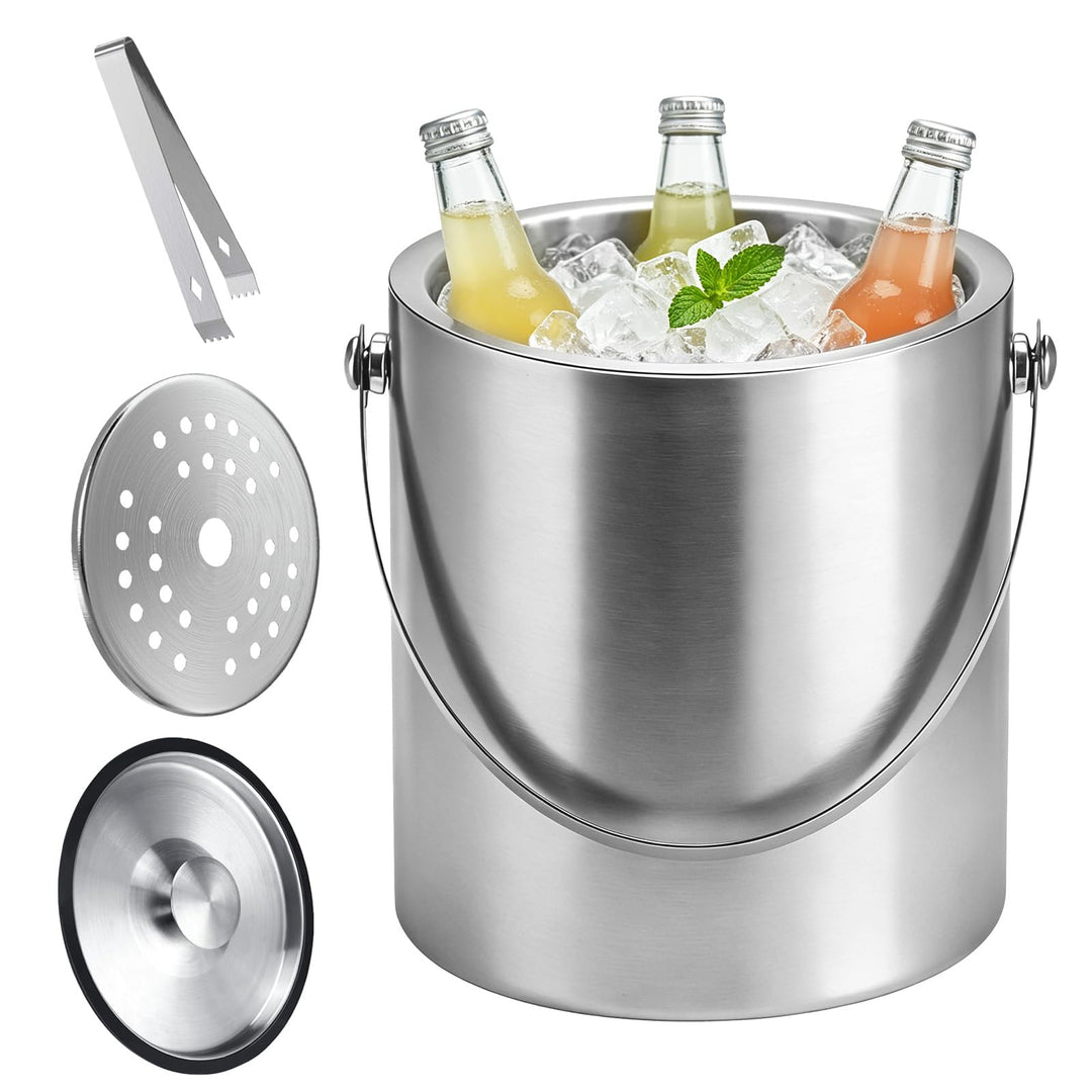 Eiswürfelbehälter mit Deckel, Sieb und Zange, Edelstahl Eiskübel Doppelwandiger Isolierter Eisbehält