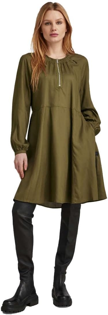 G-STAR RAW Damen Short Flared Long Sleeve Dresses XXS Grün (Dark Olive D23603-d297-c744), XXS Grün (