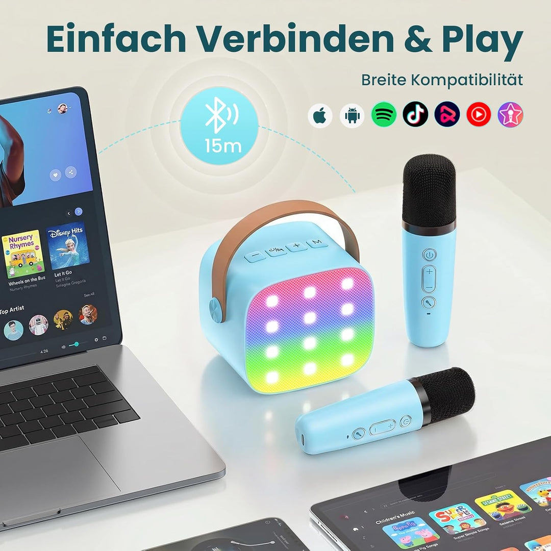 Karaoke Maschine mit 2 Drahtlosen Mikrofonen, Wowstar Tragbares Bluetooth Karaoke Maschine für Kinde