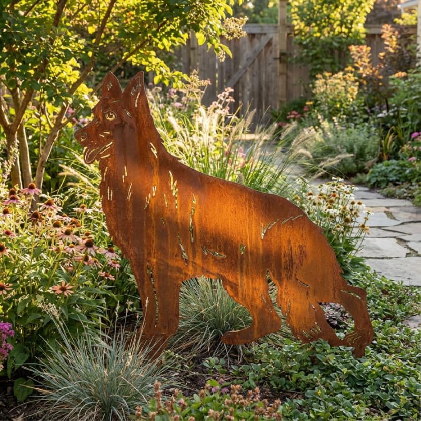 Kapaga - Edelrost Gartenstecker Deutscher Schäferhund - Rost Deko Hund | Gartendeko für Draussen - s