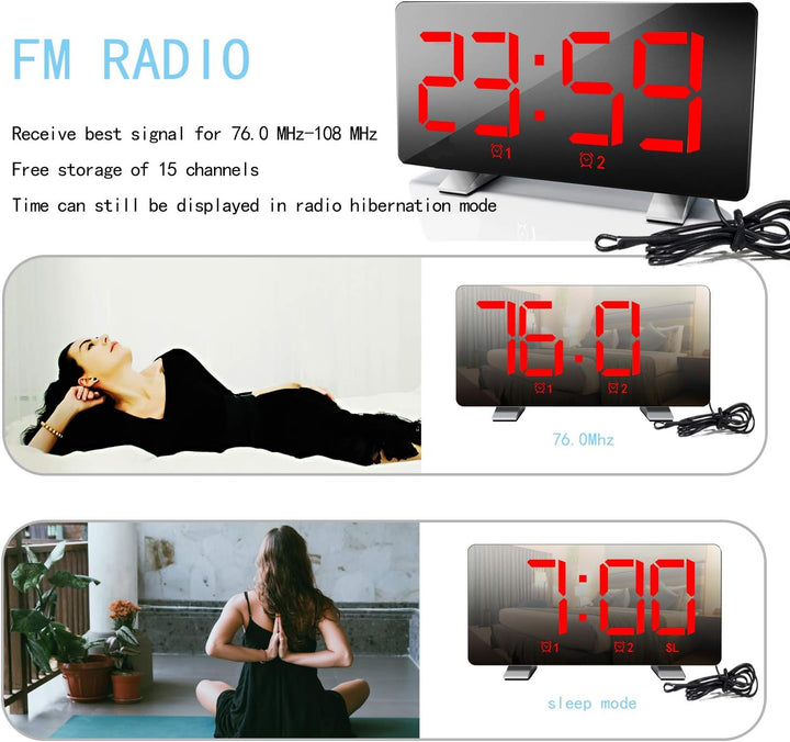 ThreeH Radio-Digitaluhr mit USB-Telefonladegerät 7,3'' LED Curved-Screen-Display mit Dimmer 2 Wecker