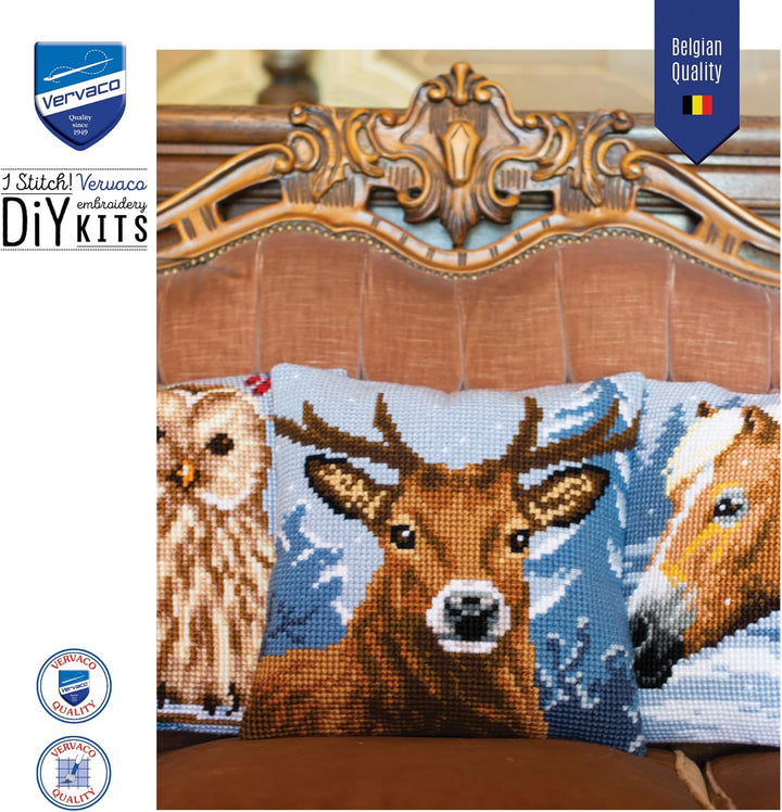 Vervaco Kreuzstichkissen Hirsch Kreuzstichpackung, Stramin, Weiss, 40 x 40 x 0,3 cm