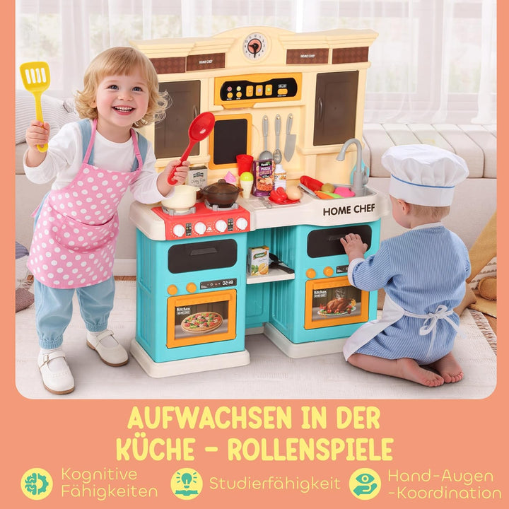 AIYAPLAY Kinderküche Spielküche mit fliessendem Wasser, elektrischem Wasserhahn, Lichtern und Geräus