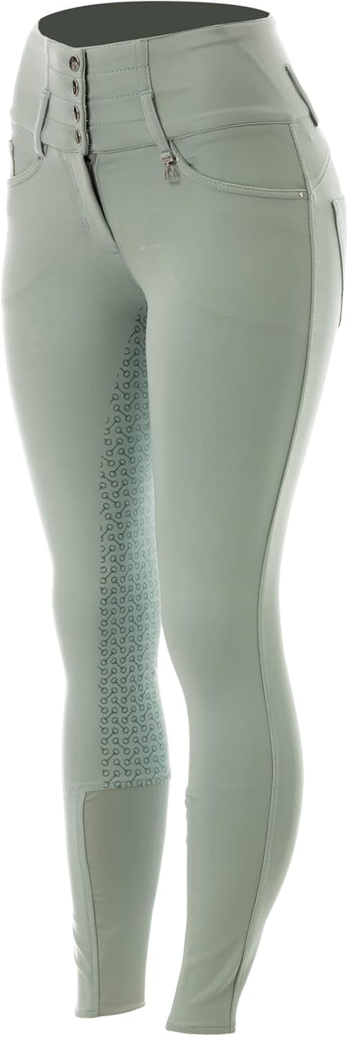 Horze Damen-Reithose mit hoher Taille, Tara, Vollbesatz, Silikon Aqua Grey Green 40, Aqua Grey Green