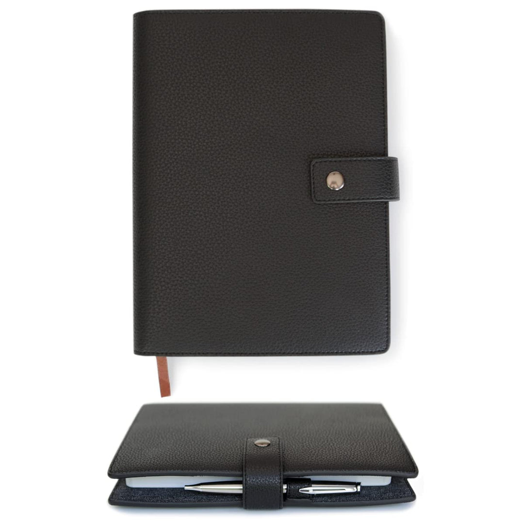 CASE ELEGANCE Nachfüllbares Leder Notizbuch A5. mit Stiftschlaufe, Kartenfächer - Messingverschluss