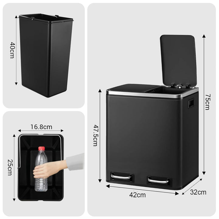 LIFERUN Mülleimer 2 Fächer, 2 x 15 Liter Abfalleimer Küche aus Metall, Softclose Deckel, Inneneimer