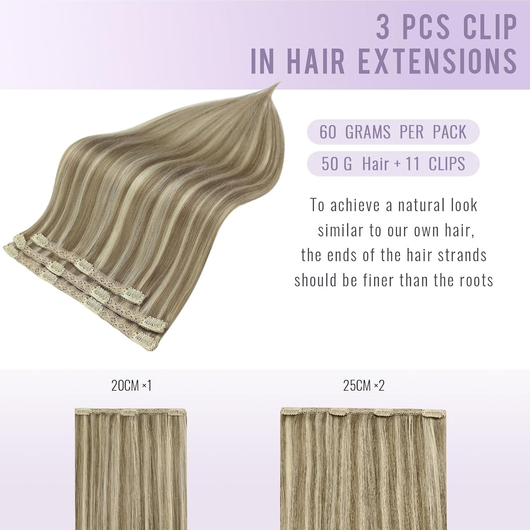 Fshine Clip Extensions Echthaar Günstig, 25cm 3 Stücke 50g Echthaar Extensions Clip in Aschbraun Hig