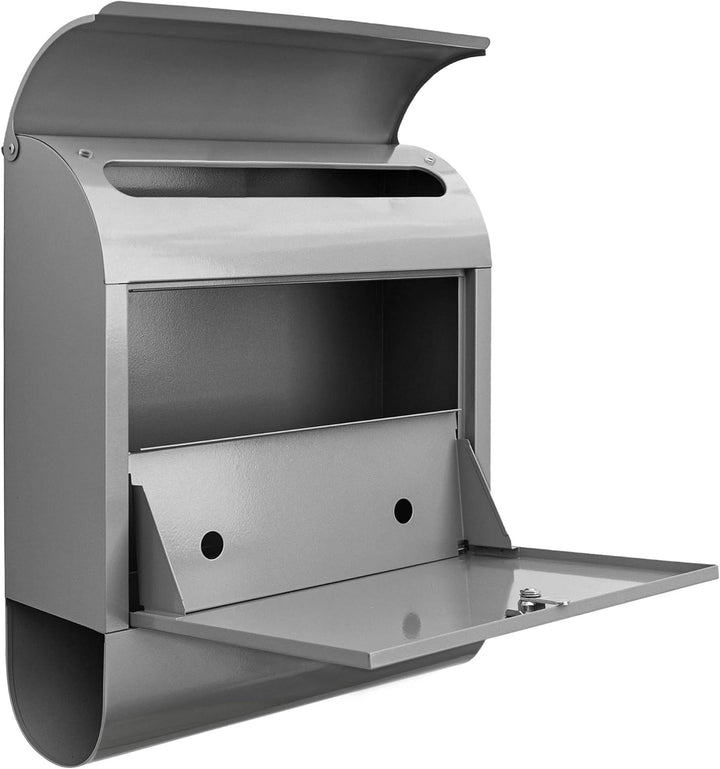banjado Design Briefkasten 39x47x13cm gross mit 2 Schlüssel - Briefkasten Stahl Silber grau mit Zeit