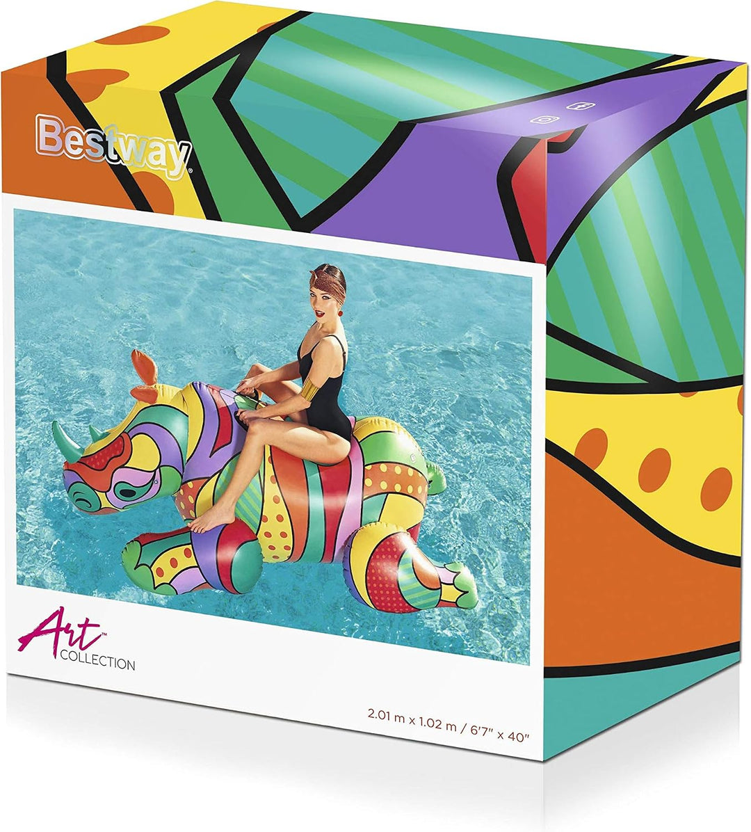 Bestway Inflatable Ride-On Toy with Pop-Art Design Rhino Pool Float, Rhino Pool Float