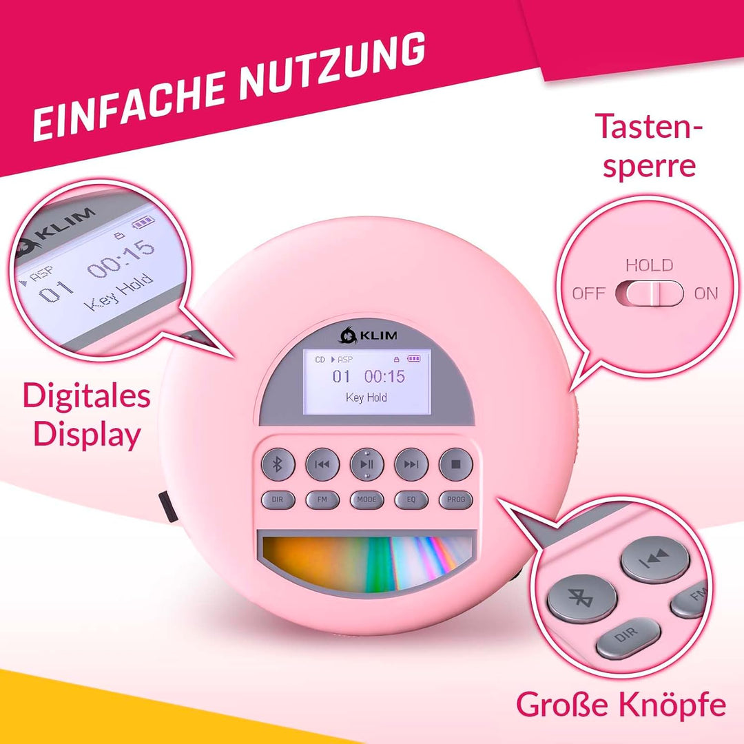 KLIM Nomad CD Player Bluetooth - Tragbarer CD-Player Discman mit langlebigem Akku - Inklusive Kopfhö
