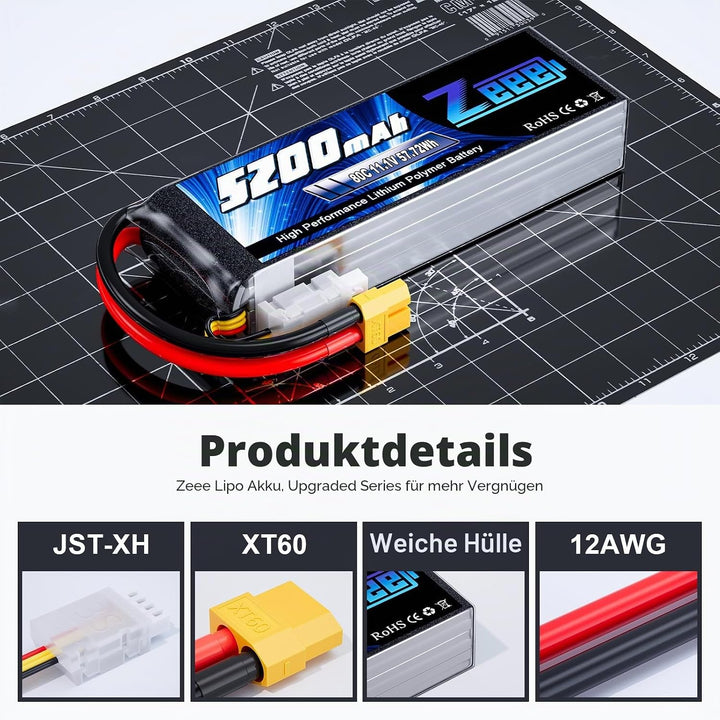 Zeee 3S Lipo Akku 11,1V 80C 5200mAh mit XT60 Steck Batterie RC für RC Auto, RC Flugzeug, RC Hubschra