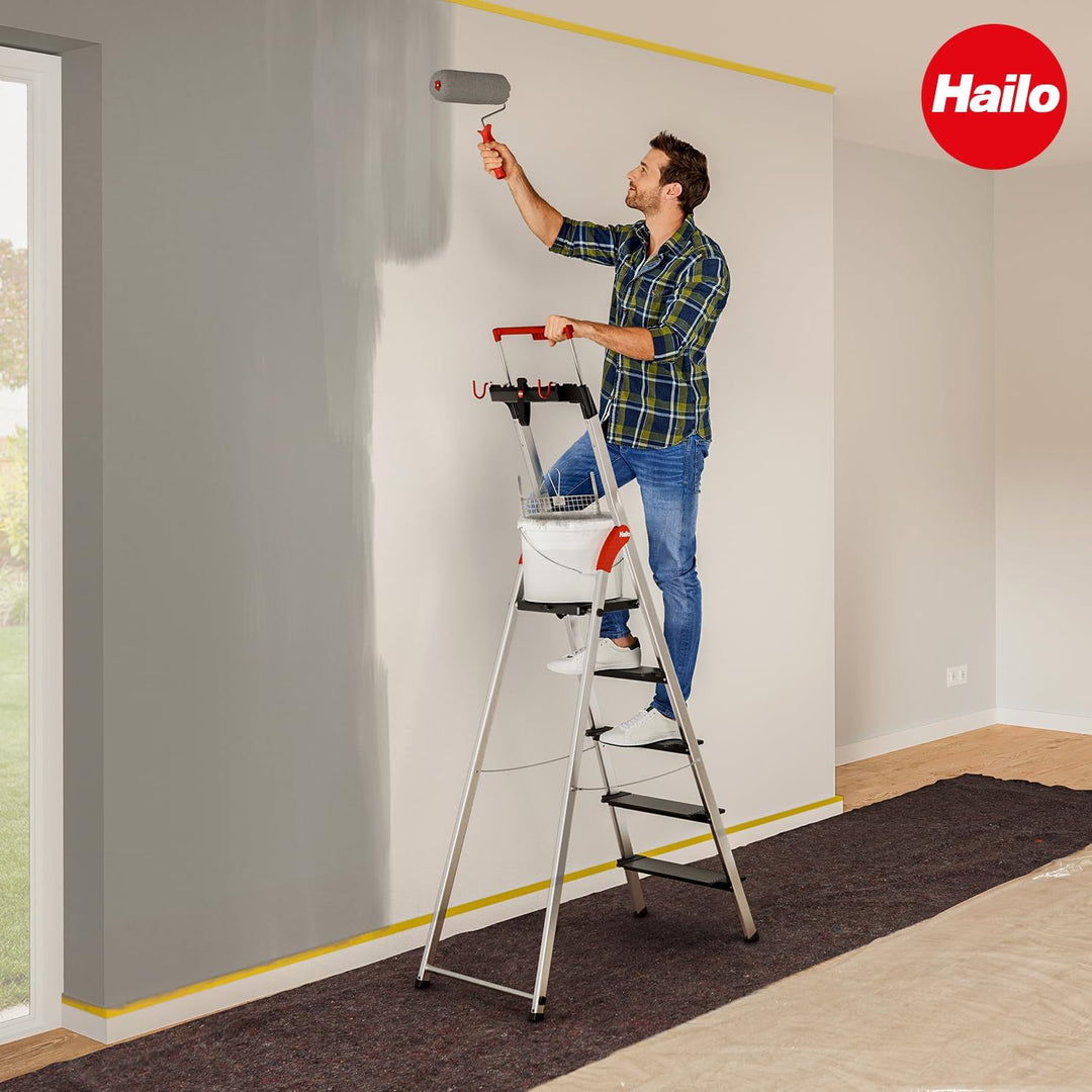 Hailo Stehleiter TopLine, 5 XXL-Sicherheits-Stufen bis 150kg, Aluminium Leiter mit ausziehbarem Halt