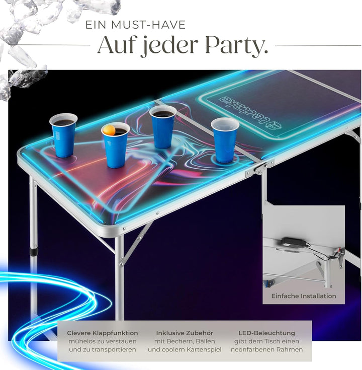 tectake® Bierpong Tisch mit Party Deko LED Beleuchtung, Tisch höhenverstellbar, Klapptisch, Set mit