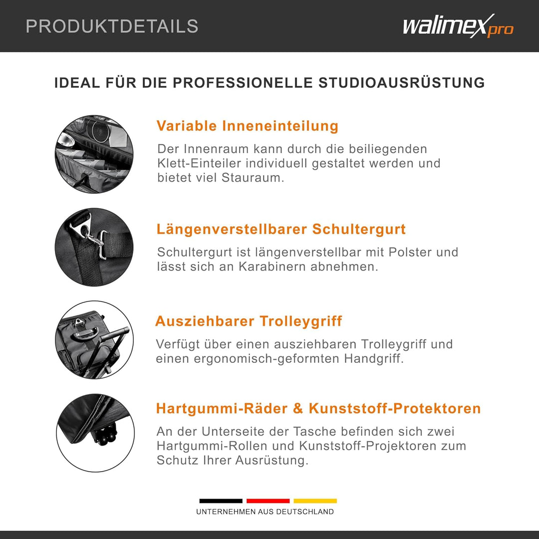 Walimex pro Studio-Trolley XL (inkl. ausziehbarem Trolleygriff, gepolsterten Schultergurt, variabler