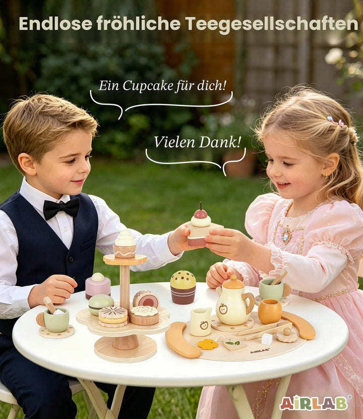 Airlab Spielküche Kinderküche Zubehör Holz 2 in 1, Teeservice Kinder mit Zuckerwürfeln und Dessert,