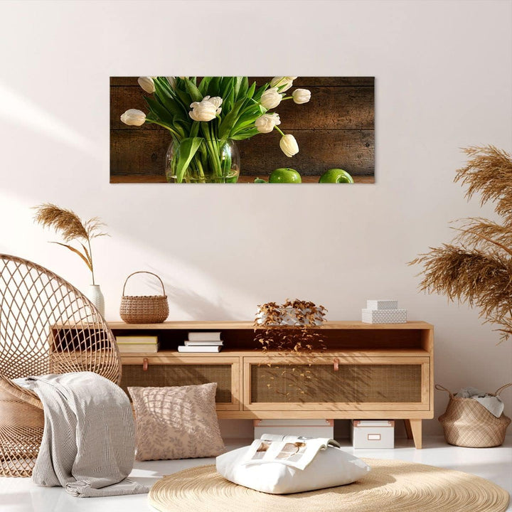Wandbilder Dekoration Wohnzimmer Tulpen Apfel Blumenstrauss Frühling Bilder auf Leinwand 120x50cm Le