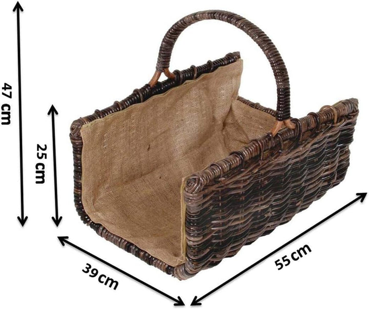 Kobolo Holztrage Holzkorb für Kaminholz - eckig aus Rattan-Krabu mit Jutefutter ausgestattet Braun