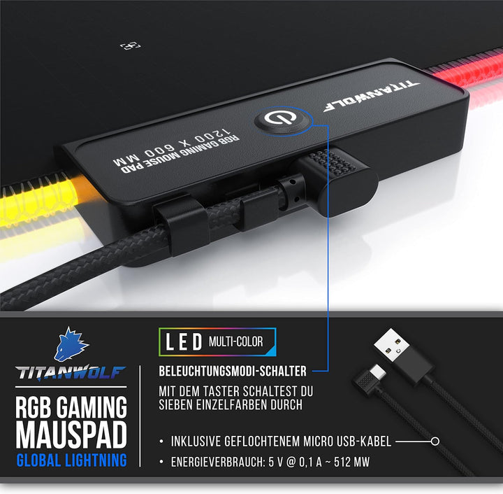 Titanwolf - XXXL RGB Gaming Mauspad – 1200 x 600 mm - Mousepad - LED Multi Color - 7 LED Farben Plus