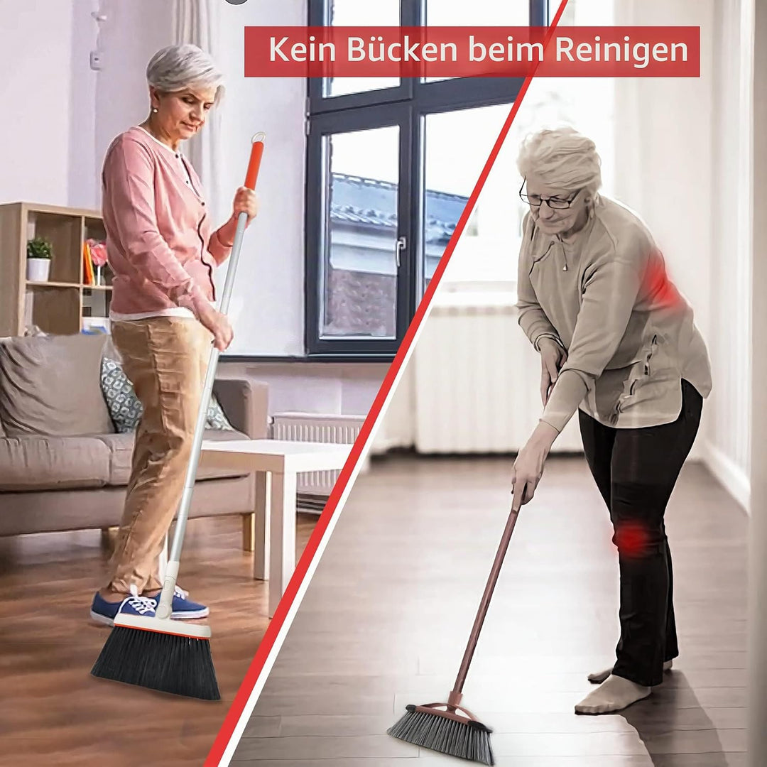JEHONN Besen und Kehrschaufelset Set mit Langem Griff, 180 Grad Drehbar Kehrmaschine und Kehrschaufe