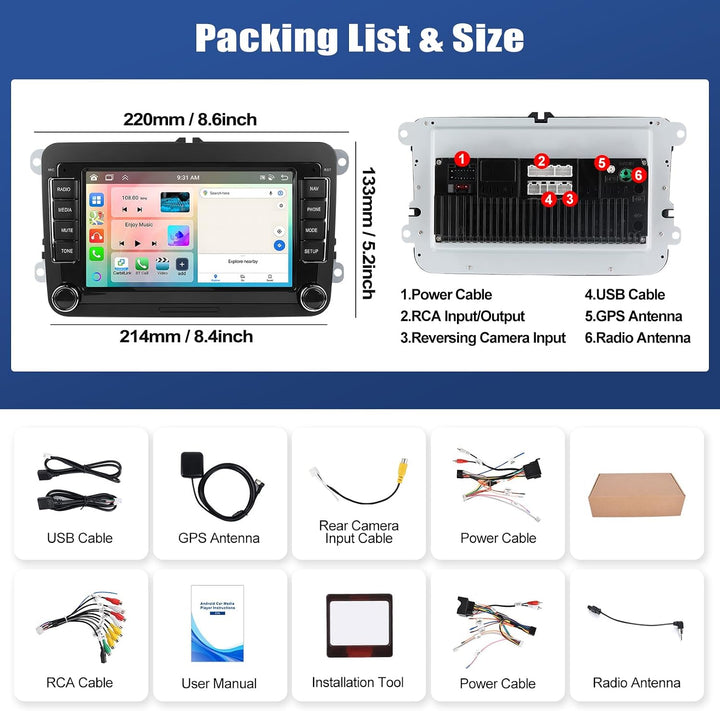 SIXWIN 8-Core 4+64G Android 15 Carplay/Android Auto/DSP Autoradio für VW Golf 5 6 Touran Polo, 7 Zol