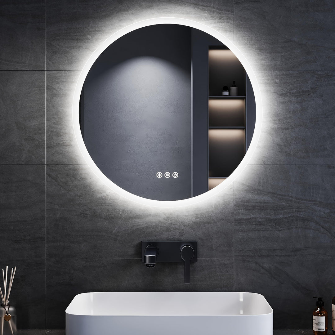SONNI 60 cm Runder LED-Badspiegel mit Bluetooth & IP44, Dimmbare LED mit 3 Farbtemperaturen & Anti-B