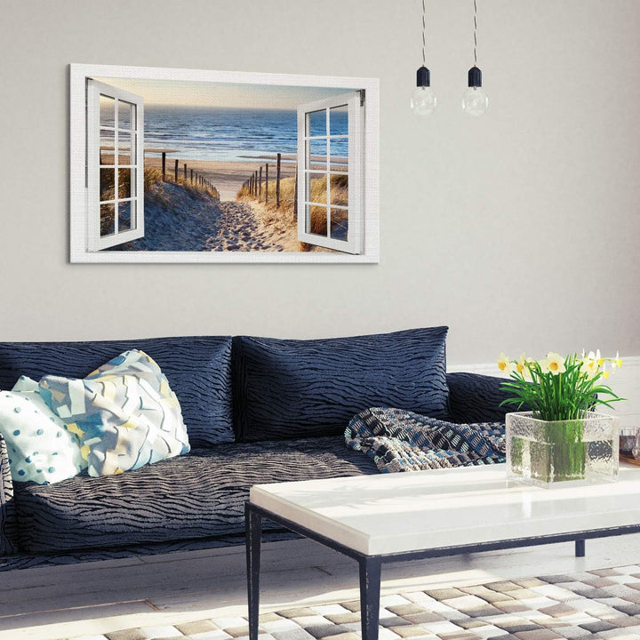 PICANOVA – Bild auf Leinwand Weg zum Meer Fenster 100x50cm – Leinwandbild – Premium Leinwanddruck –