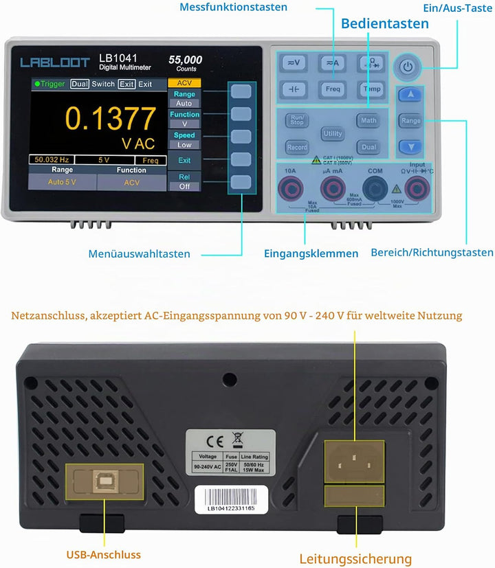 Labloot LB1041 USB Digitales Multimeter, 3,7 Zoll LCD-Bildschirm, 55000 Counts True RMS Temperatur M