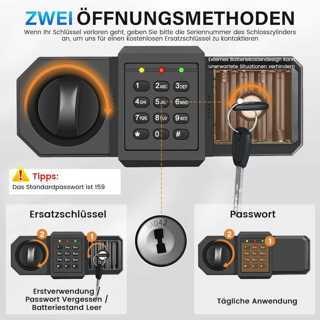 20L Safe Tresor für Zuhause, Stahl Safe mit Ersatzschlüssel, Abnehmbarem Regal und Alarmanlage, Klei