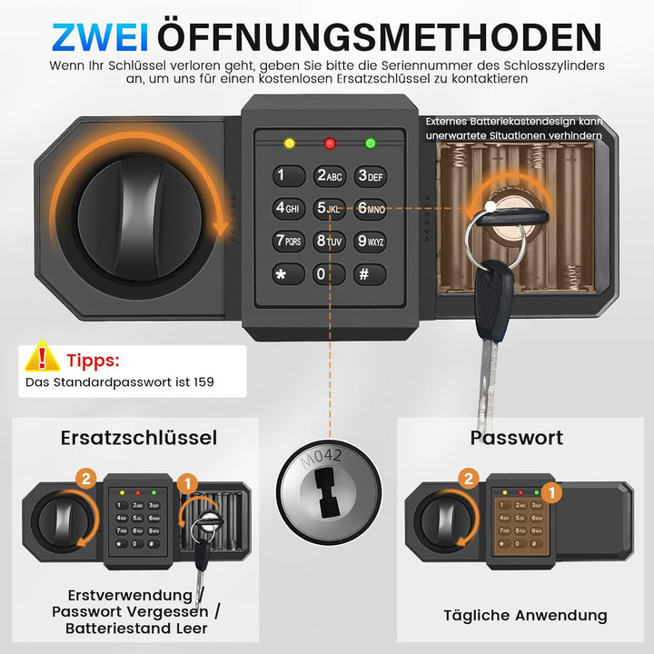 20L Safe Tresor für Zuhause, Stahl Safe mit Ersatzschlüssel, Abnehmbarem Regal und Alarmanlage, Klei