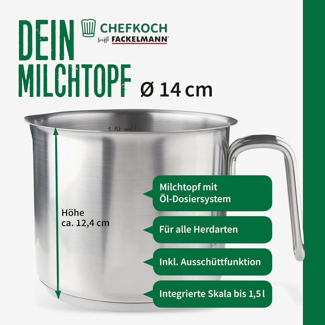 FACKELMANN Chefkoch Milch-Topf Ø14 cm München aus Edelstahl – Hochwertiger Kochtopf Ausschüttfunktio